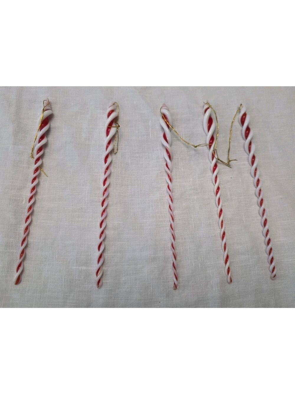Glass Icicle Ornaments Red White Candy Cane Swirl 6.5 Inch Set of 5